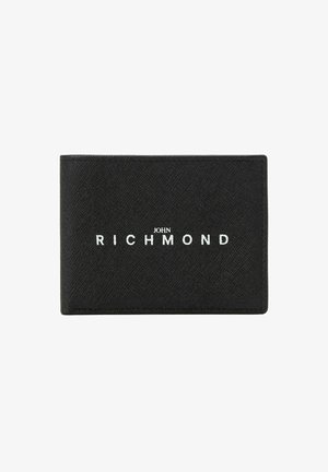 Portafoglio nero in materiale testurizzato con logo "JOHN RICHMOND" in rilievo sul fronte. Design rettangolare slim con bordi dritti.