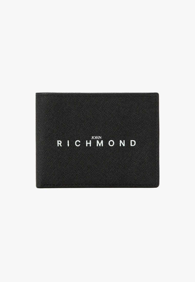 Portafoglio nero in materiale testurizzato con logo "JOHN RICHMOND" in rilievo sul fronte. Design rettangolare slim con bordi dritti.