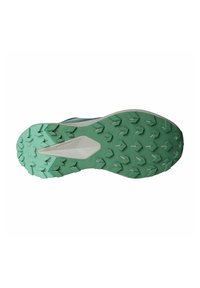 Suela de zapato con un diseño de goma verde texturizada, con prominentes tacos de tracción y una entresuela blanca para estabilidad y agarre.