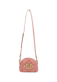 Borsa a tracolla imbottita di colore rosa, con una forma arrotondata, hardware con logo dorato e tracolla regolabile. Presenta una texture liscia e un design elegante.