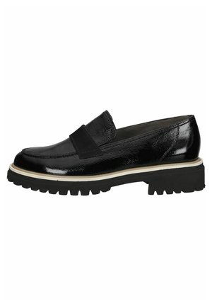 Sorte læderloafer med en blank finish, med en frontrem, tyk sort gummisål og en hvid accentlinje rundt om sålen.