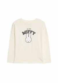 Crème T-shirt met lange mouwen van zachte stof, voorzien van een geprinte Miffy-karakter en de tekst "Est. 1955" in het zwart boven de afbeelding.