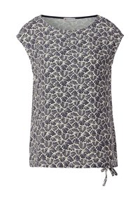 Blusa a maniche corte con un motivo foglioso crema e blu navy, dotata di scollatura rotonda e dettaglio con fiocco all'orlo per una vestibilità regolabile.
