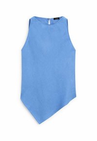 Blue sleeveless blouse with a rounded neckline and a keyhole closure at the back. Features an asymmetrical hemline and smooth texture.