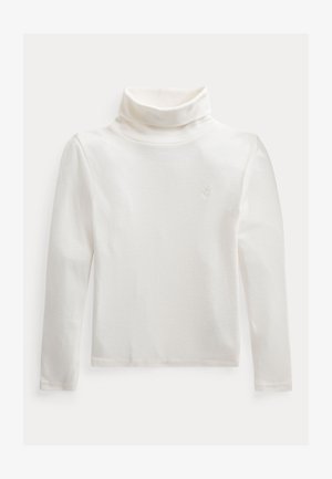 Balta garām piedurknēm turtleneck blūze mīkstā audumā ar pieguļošu mēri. Iezīmē augstu apkakli un mazu logo uz krūtīm.