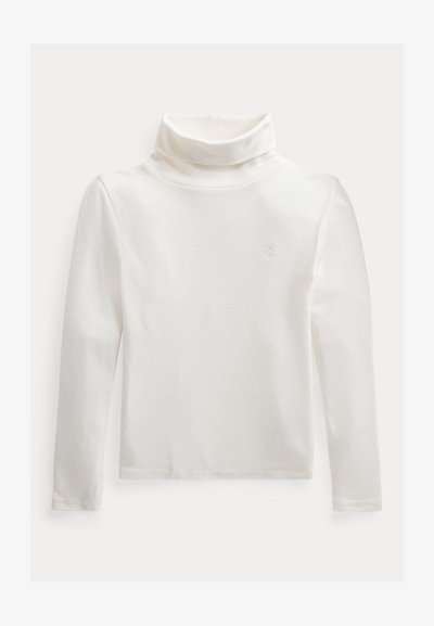 Fehér, hosszúujjú garbó felső puha anyagból, testhez simuló fazonnal. Magas gallérral és kis logóval rendelkezik a mellkason.