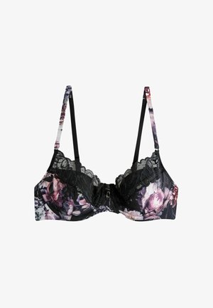 Reggiseno nero con motivo floreale in tonalità di viola e rosa. Caratterizzato da un bordo in pizzo nella parte superiore e spalline regolabili per una vestibilità ottimale.
