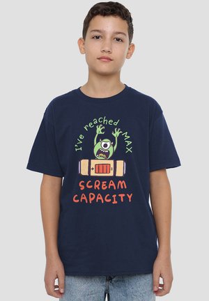Navy Baumwoll-T-Shirt mit einem Grafikdesign eines grünen Monsters und dem Text: "Ich habe die MAX SCREAM CAPACITY erreicht" in verspielter Schriftart. Kurze Ärmel, lockerer Schnitt.