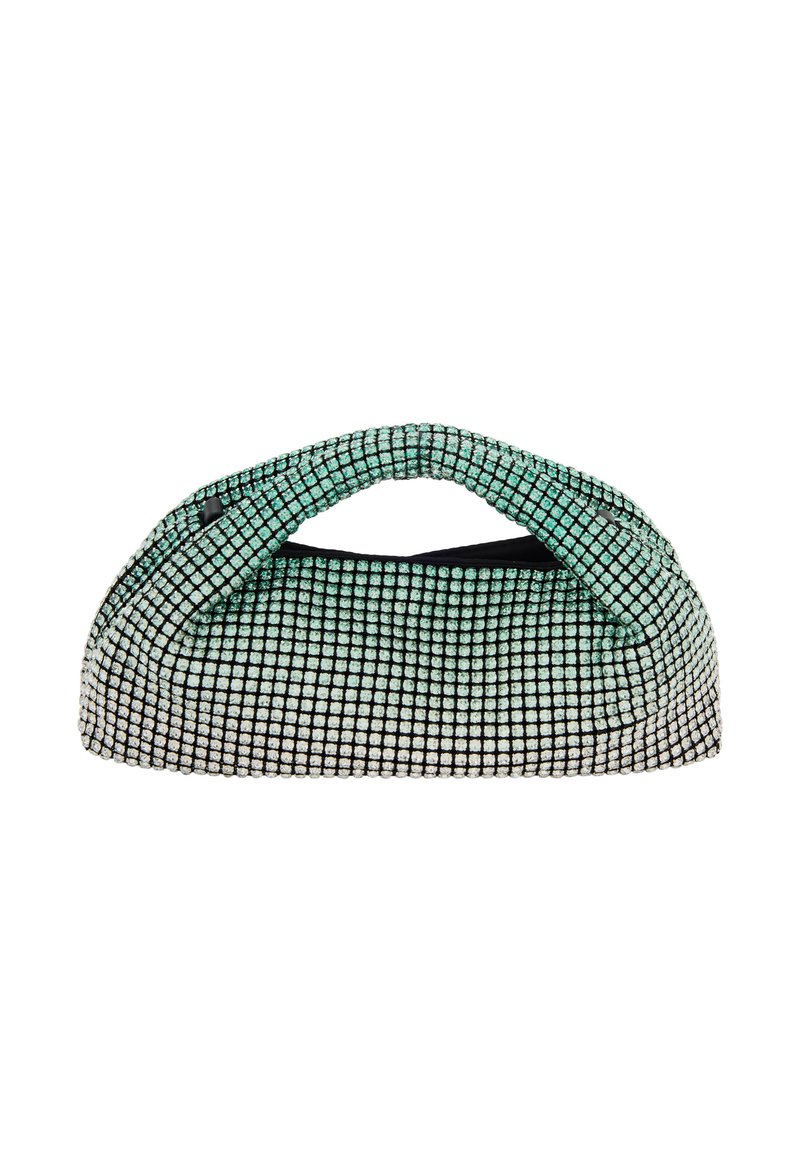 Borsa con un motivo a gradiente di piccole cristalli quadrati in verde e nero. Manico superiore arrotondato con un interno liscio.