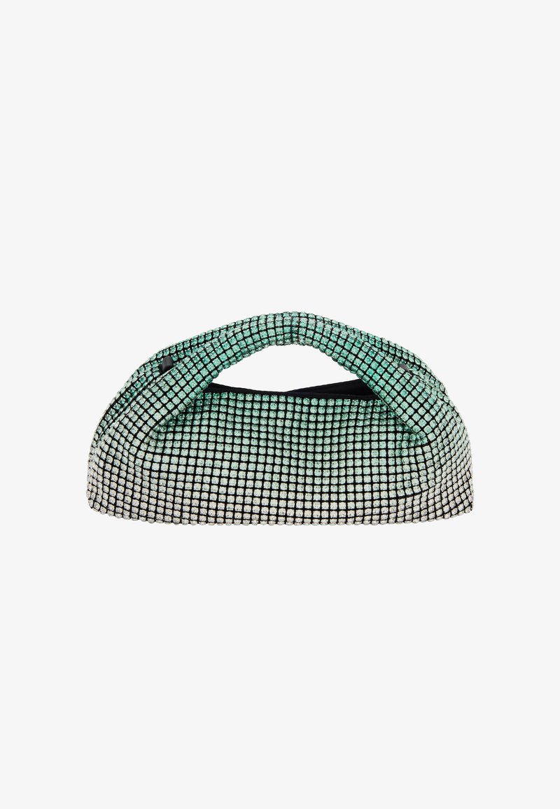 Borsa con un motivo a gradiente di piccole cristalli quadrati in verde e nero. Manico superiore arrotondato con un interno liscio.