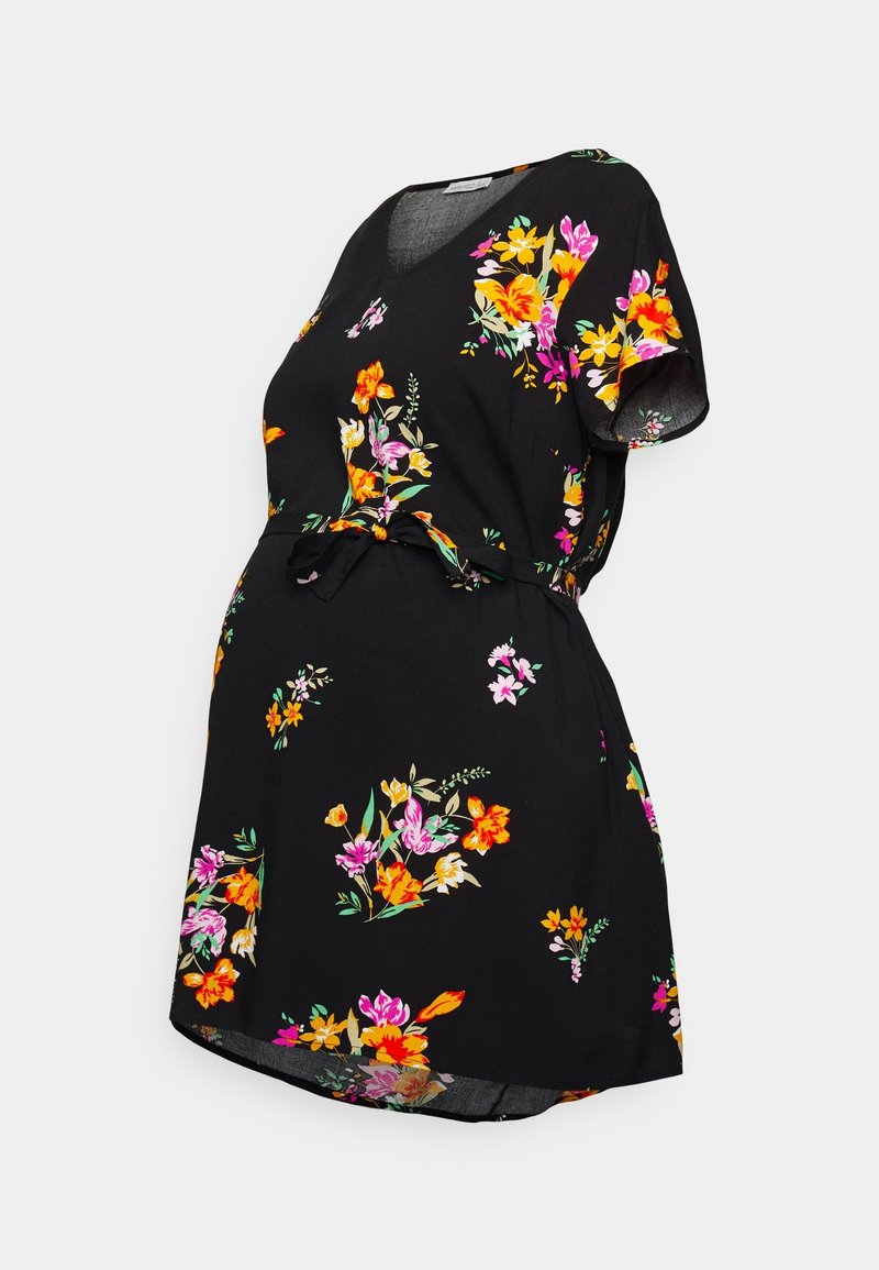 Robe de maternité noire à manches courtes, col en V, imprimé floral coloré et ceinture à nouer à la taille.
