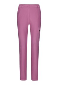 Roze, slim-fit broek van lichtgewicht stof. Beschikt over een zijvak met rits en een gladde textuur. Geen opvallende patronen.