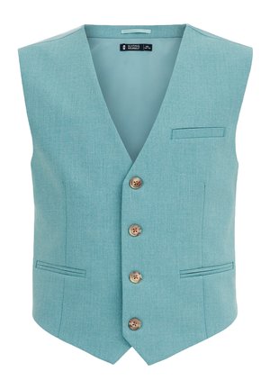 Lys turkis skræddersyet vest med fire brune knapper, V-hals og tre påsatte lommer, størrelse 146/152.