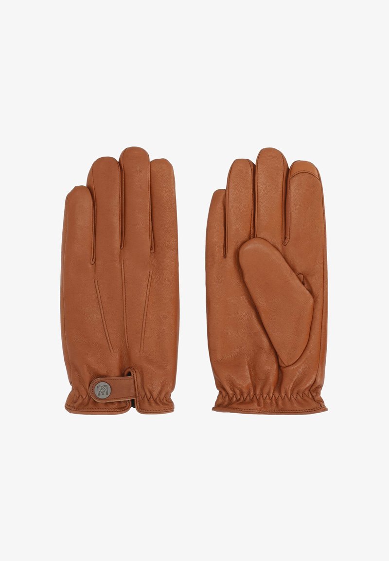 Paar pruuni nahast kindaid, millel on õmmeldud detailid, elastsed randmed ja nubivöötihr on vasakul kinnasel.