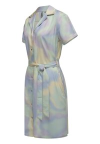 Lagana haljina kratkih rukava u pastelnom tie-dye uzorku, s kragnom, dugmadi sprijeda i odgovarajućim remenom u struku.