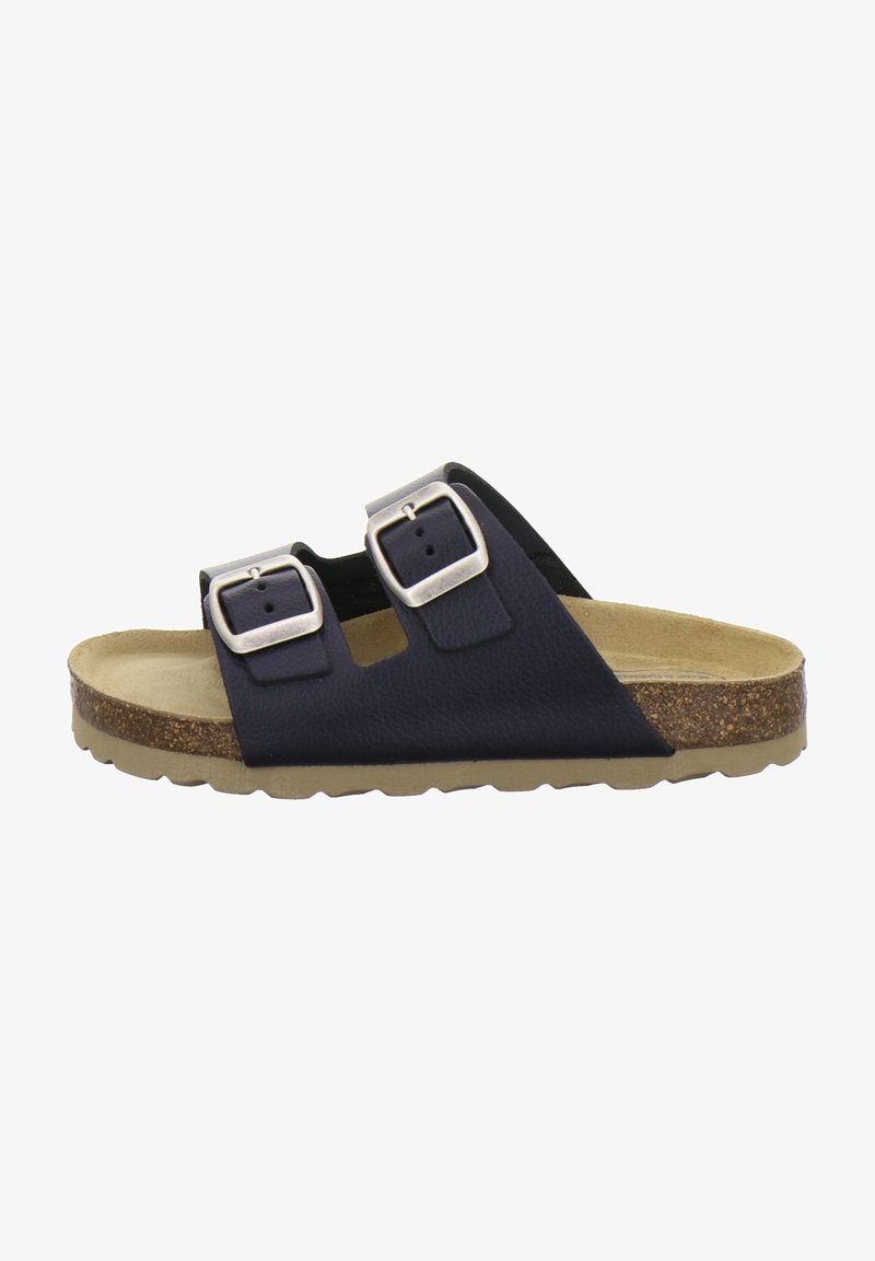 Sandale en cuir bleu marine avec deux sangles réglables à boucles argentées. Semelle intérieure en liège et semelle extérieure légère en caoutchouc avec un bord arrondi.