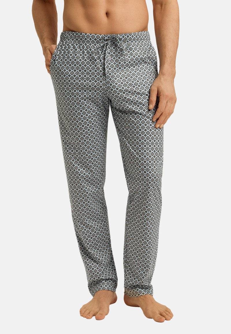 Lichte katoenen pyjamabroek met een ruitpatroon in blauw en wit, voorzien van een elastische tailleband met trekkoord en zijzakken.