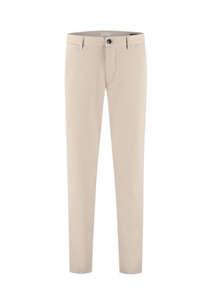 Pantalones beige de corte ajustado con cierre de botón y cremallera, trabillas para cinturón y un diseño liso y a medida.