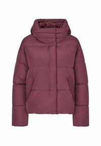 Giacca puffer bordeaux con cappuccio, caratterizzata da un design squadrato, pannelli cuciti e tasche laterali. Texture liscia e morbida.