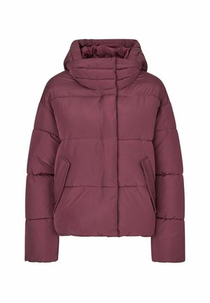 Giacca puffer bordeaux con cappuccio, caratterizzata da un design squadrato, pannelli cuciti e tasche laterali. Texture liscia e morbida.