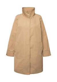 Cappotto beige in tessuto liscio e resistente all'acqua. Presenta un colletto alto, chiusura con bottoni e due tasche laterali. Maniche lunghe.