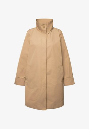 Beige yderjakke lavet af glat, vandafvisende stof. Har høj krave, knaplukning og to sidelommer. Lange ærmer.