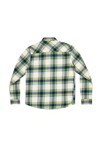 Koszula w kratę z flaneli w odcieniach niebieskiego, zielonego i żółtego na białym tle. Długie rękawy, kołnierzyk zapinany na guziki i zaokrąglony dół.