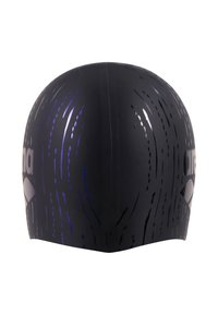 Gorro de natación negro con una textura suave, que presenta patrones abstractos en púrpura y un logotipo en el lateral. Diseñado para ajustarse ceñidamente a la cabeza.
