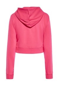 Felpa cropped rosa realizzata in tessuto morbido, con cappuccio e maniche lunghe con polsini a costine, progettata per un abbigliamento casual.