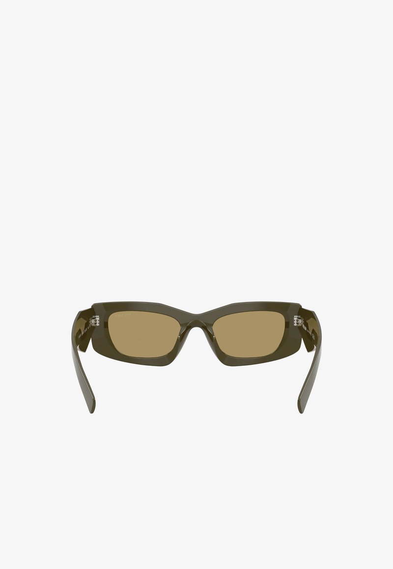 Lunettes de soleil rectangulaires vert olive avec des montures épaisses et des verres teintés marron, vues de face sur fond blanc.