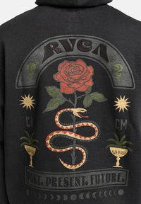 Black hoodie featuring a large graphic on the back: a rose, snake, and decorative elements in red, green, gold, and gray. Text includes “PAST. PRESENT. FUTURE.”