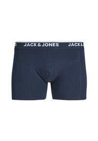 Herren Boxershorts in Marineblau mit schwarzem elastischen Bund, der mit weißen "JACK & JONES"-Markierungen versehen ist, sichtbare Nähte.