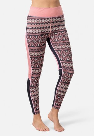 Mönstrade leggings i flera färger med ett brett midjeband i rosa, med geometriska mönster i nyanser av rosa, grått och marinblått på en svart bakgrund.