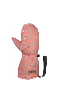 Pink mittens with a soft fabric, featuring a bunny pattern and a cinched wrist. Includes a black adjustable strap for secure fit.