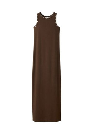 Sleeveless long brown dress with round neckline and metal eyelet detailing along collar and armholes.