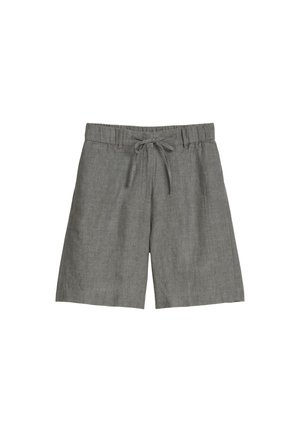 Grijze linnen shorts tot op de knie met elastische tailleband en vooraan een trekkoord, ontworpen voor casual gebruik.