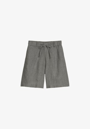 Grijze linnen shorts tot op de knie met elastische tailleband en vooraan een trekkoord, ontworpen voor casual gebruik.