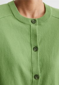Cardigan verde lavorato a maglia con scollatura arrotondata, cinque bottoni e polsini a costine. Il tessuto sembra morbido e leggero.