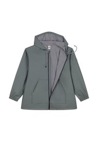 Water-resistant green jacket with a hood, front pockets, and a striped interior lining. Features elastic cuffs and a zipper closure.