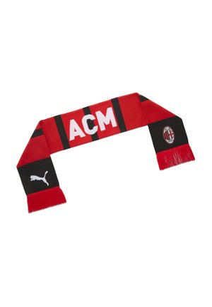Rødt og sort AC Milan fodboldhalstørklæde med hvide "ACM" bogstaver, Puma-logo i den ene ende og AC Milan klubmærke i den anden ende med rød frynse.