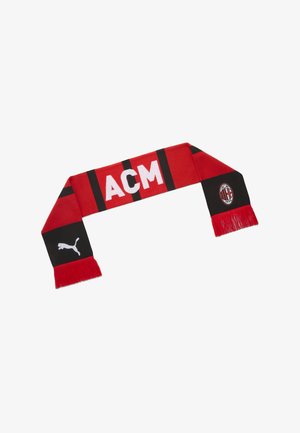 Rødt og sort AC Milan fodboldhalstørklæde med hvide "ACM" bogstaver, Puma-logo i den ene ende og AC Milan klubmærke i den anden ende med rød frynse.
