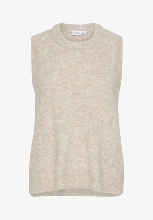 Beige ärmelloses Stricktop mit rundem Ausschnitt. Weicher, strukturierter Stoff mit einem leicht lockeren Schnitt und subtilen Farbvariationen.