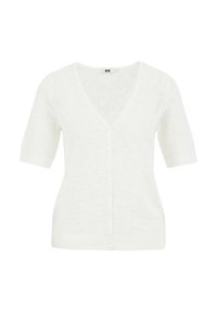 Cardigan en tricot blanc avec un col en V, des manches courtes et une fermeture à boutons. Présente un motif texturé sur l'ensemble du tissu.