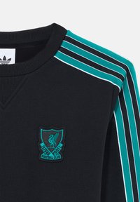Felpa nera con accenti turchesi, design a tre strisce sulle maniche e logo ricamato del Liverpool Football Club. Materiale in cotone.