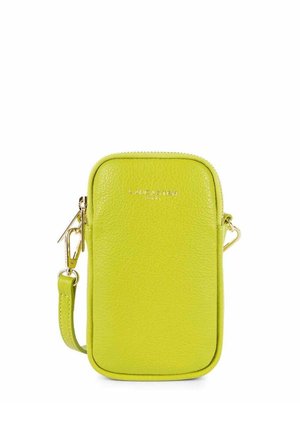 Sac bandoulière en cuir vert lime avec une finition texturée, quincaillerie dorée, fermeture éclair et bandoulière réglable. Logo de la marque embossé à l'avant.