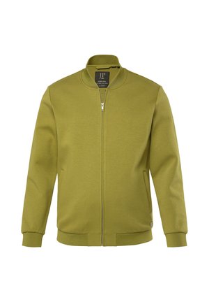 Olivgrüne Herren-Reißverschlussjacke mit geripptem Kragen, Bündchen und Saum, mit Seitentaschen und einem lässigen Design.