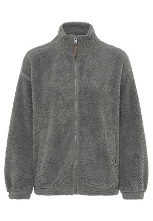 Chaqueta de forro polar en gris con un cuello alto. Con cremallera completa en la parte delantera, mangas largas y un exterior texturizado y suave. Incluye un bolsillo lateral.