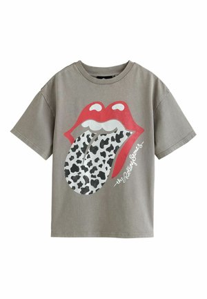 Szara koszulka z krótkim rękawem z grafiką czerwonych ust i językiem w panterkę, z tekstem "The Rolling Stones" na przodzie.