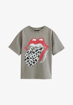 Grå kortærmet t-shirt med et motiv af røde læber og en leopardtunge, med teksten "The Rolling Stones" foran.
