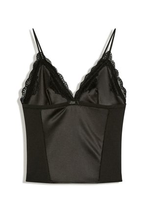 Sort satin camisole med blondetrim langs V-udskæringen og tynde justerbare skulderstropper.